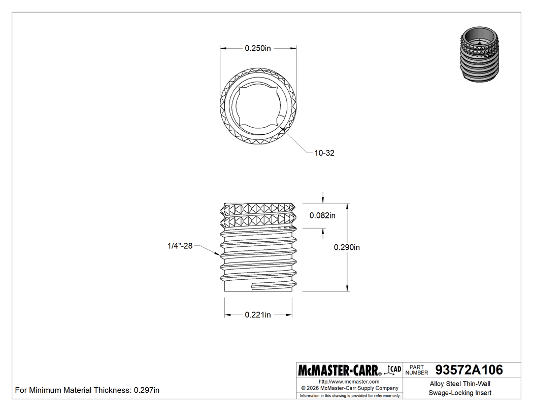 Technical Drawing of Alloy Steel Thin-Wall Swage-Locking Insert, 10-32 Thread Size.